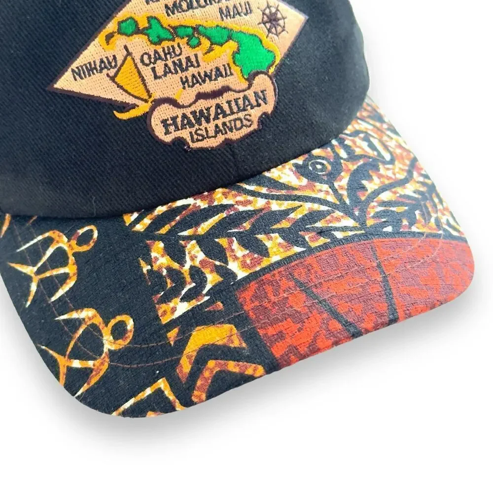 Vintage Hawaiian Islands Tribal Hat Strapback Black Brown Embroidered Hawaii